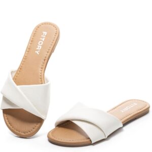 Women's Flat Sandals Fashion Slides With Soft Leather - White