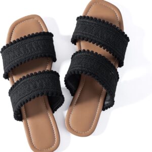 Mtzyoa Women Flat Sandals Braided Double Strap - Black/Brown