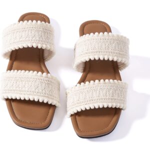 Mtzyoa Women Flat Sandals Braided Double Strap - White/Brown