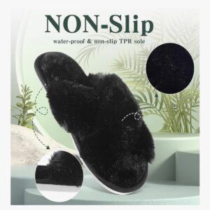 Woman’s fuzzy slippers cross band open toe - Black