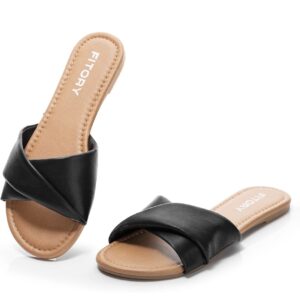 Women's Flat Sandals Fashion Slides With Soft Leather - Black