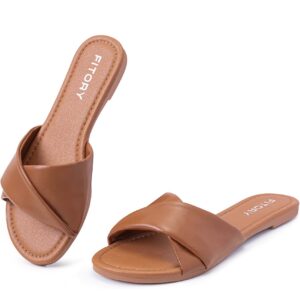 Women's Flat Sandals Fashion Slides With Soft Leather - Brown
